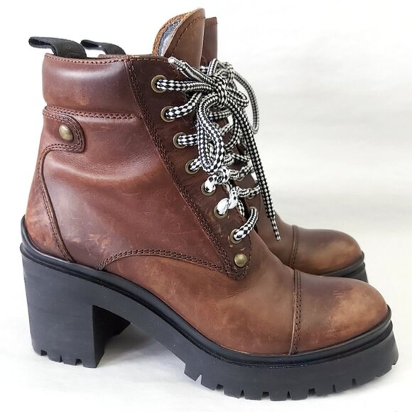Miu Miu Lace-up Boots EU 37.5 Distressed Leather Block Chunky Heels Alpine Comba - Picture 1 of 15